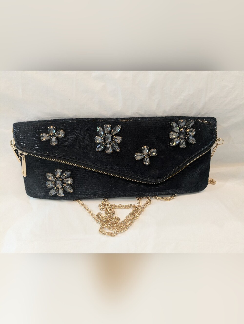 Sondra Roberts Black Beaded Clutch with Crystal Flower Embellishments
